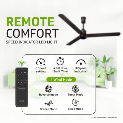 V-Guard Zenair Pro BLDC Ceiling Fan 1200 mm | BEE 5-Star Energy Saving | High-Speed BLDC Motor (370 RPM) | Remote Control with 6 Speeds, Wind & Reverse Modes |UI LED speed indicator | 2-Year Warranty | Matte Brown