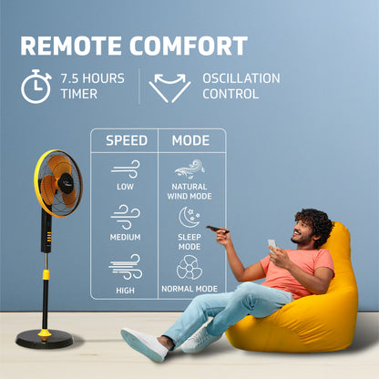 Esfera Pedestal Fan Remote Control, In-built 7.5 Hour Timer Functionality, 40 cm, Orange Black