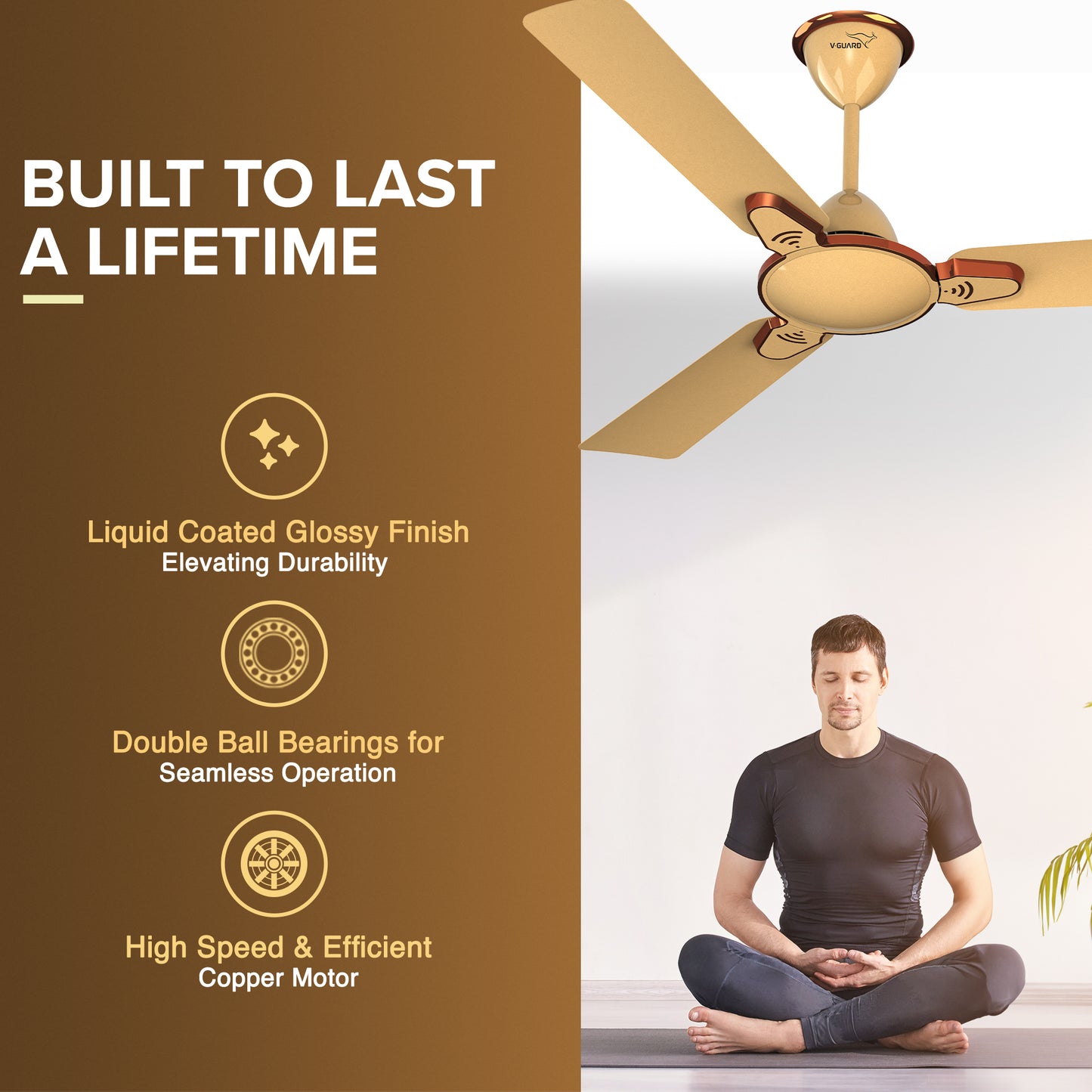 Besa Air Ceiling Fan For Home, High-Speed Copper Motor, Decorative Trims, 1.2 m, Imperial Gold