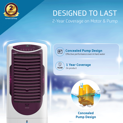 Arido T35 H DG Air Cooler for Home | Remote Comfort | 35 Litre | 2 Year warranty on main Motor & Pump | White & Purple Burry