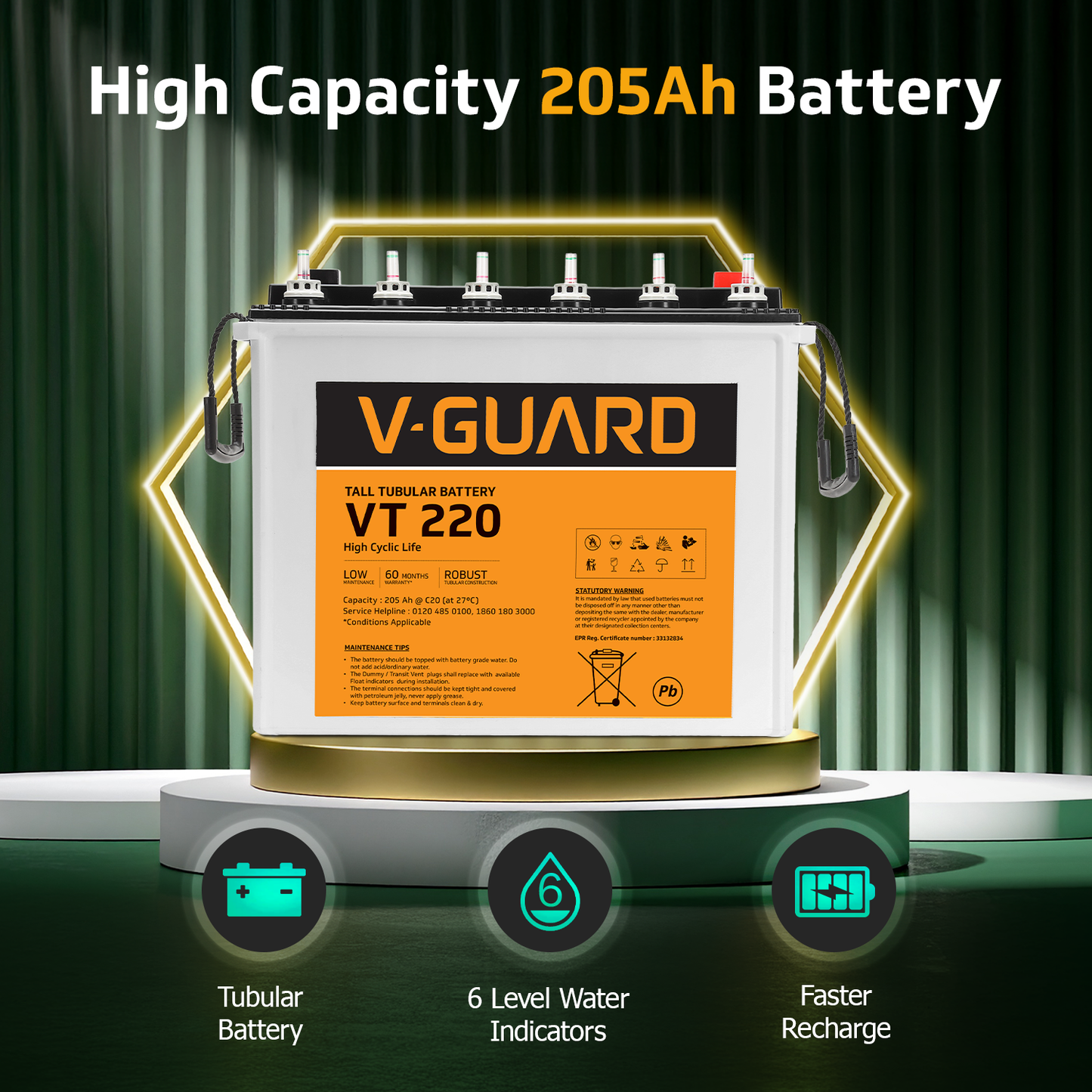V-Guard Inverter & Battery Combo - 750 Pure Sine Wave 650VA/ 12V Inverter, VT 220 (205Ah Tall Tubular Battery) for Home, Office & Shops