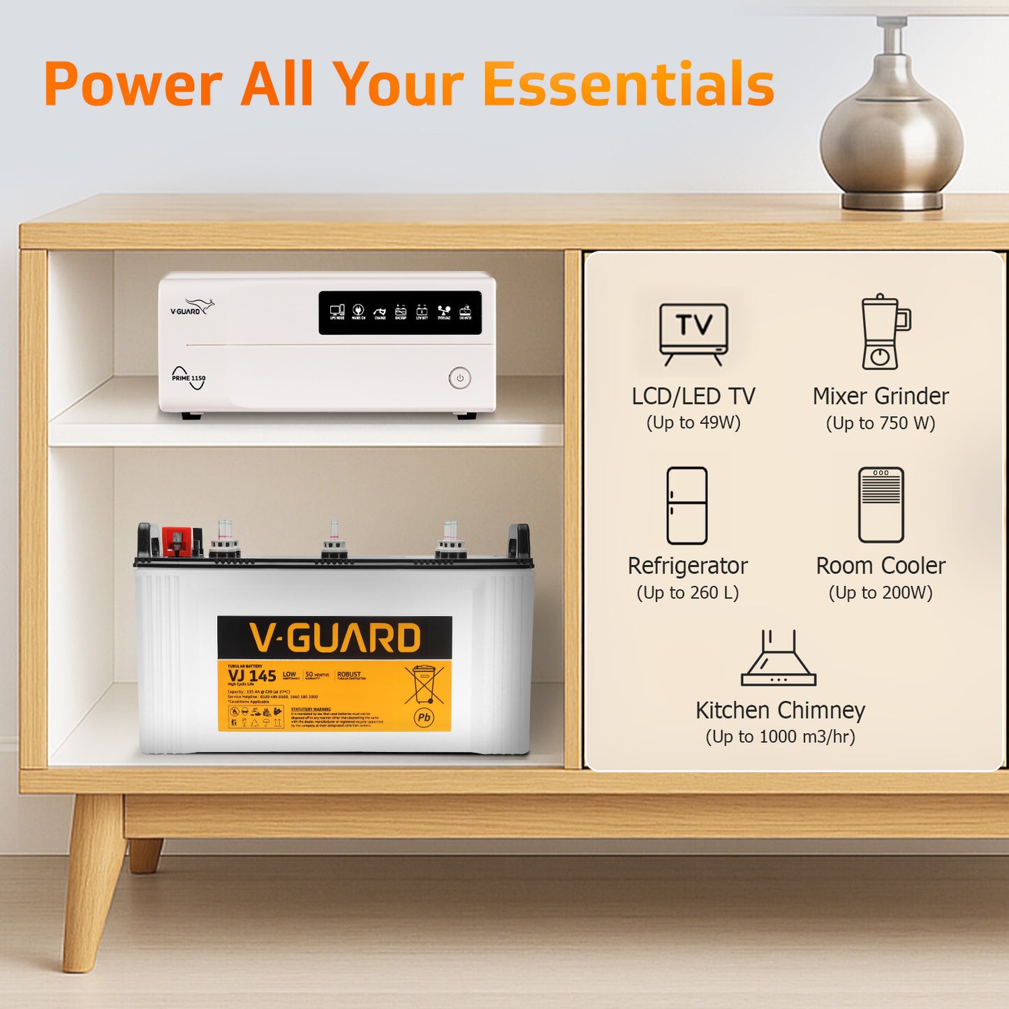 Prime 1150 Inverter and VJ 145 Battery Combo for Home, Office & Shops