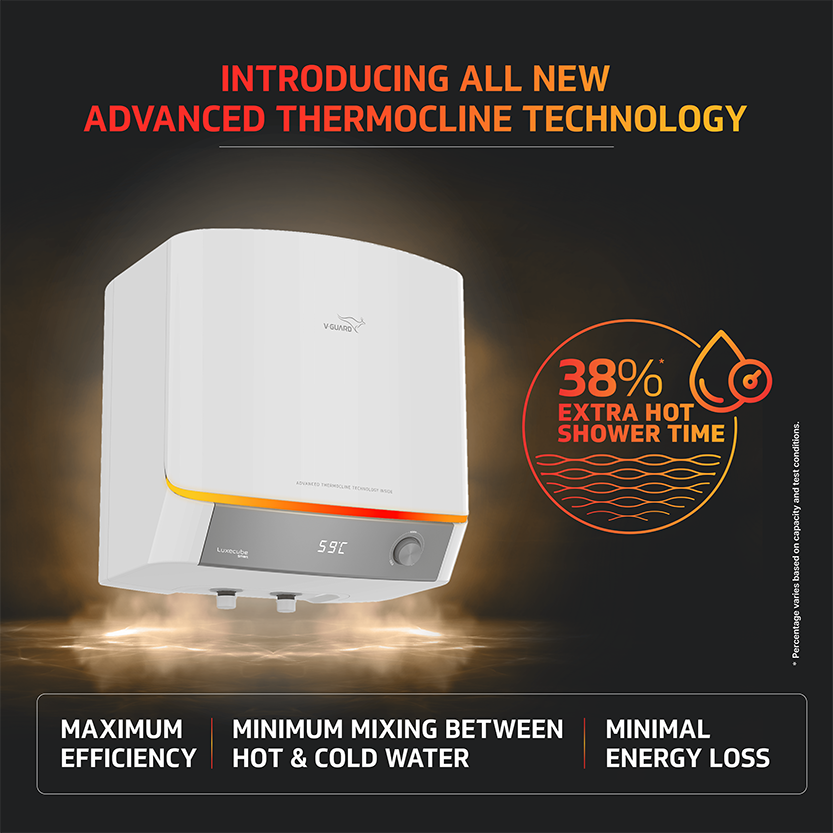 V-Guard Luxecube Avo DG Geyser 25 Ltr | Digital Display | Up to 38% More Hot Water: Advanced Thermocline Technology | 5 Star Rating | 7 Year Tank Warranty from V-Guard | Luxe Glow Illumination | White