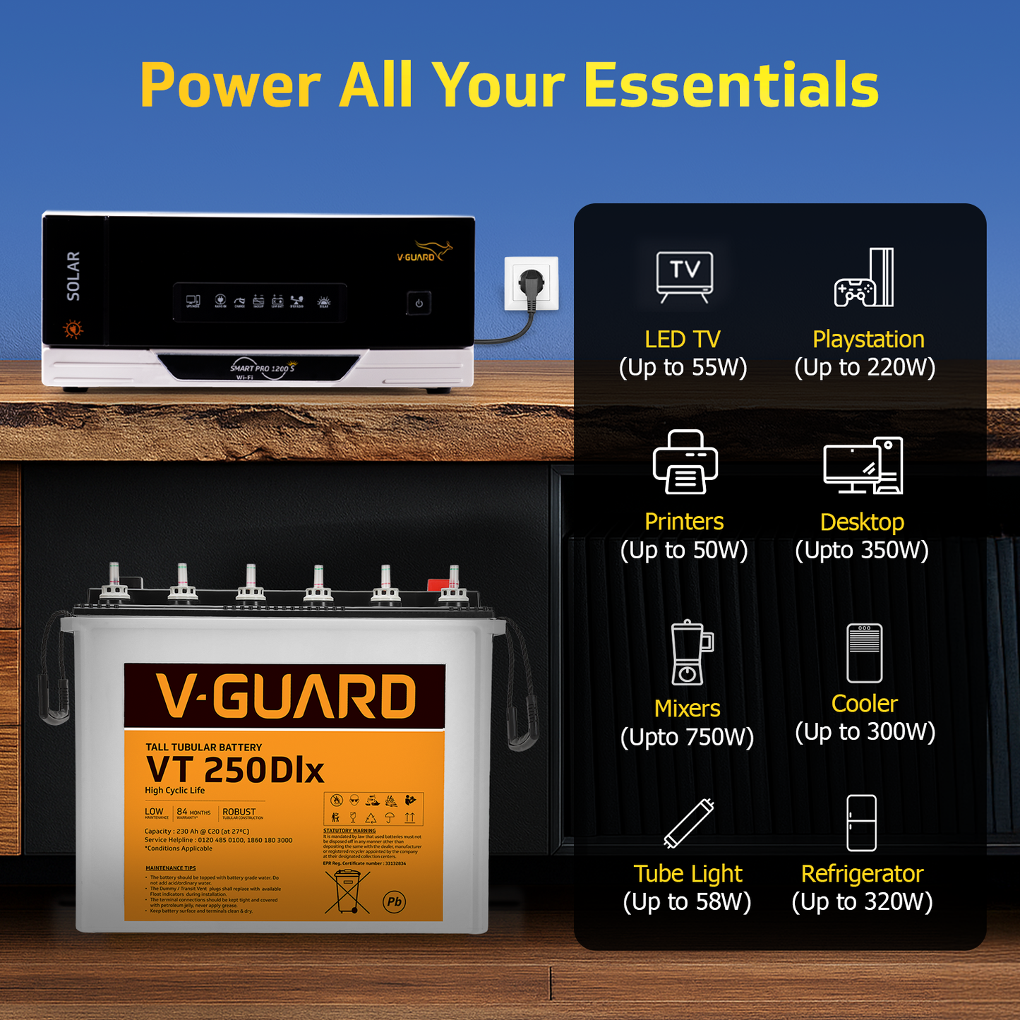 V-Guard Inverter & Battery Combo (Smart Pro 1200 S Inverter with VT 250 Dlx (230 Ah Tall Tubular Battery)) for Home, Office & Shops