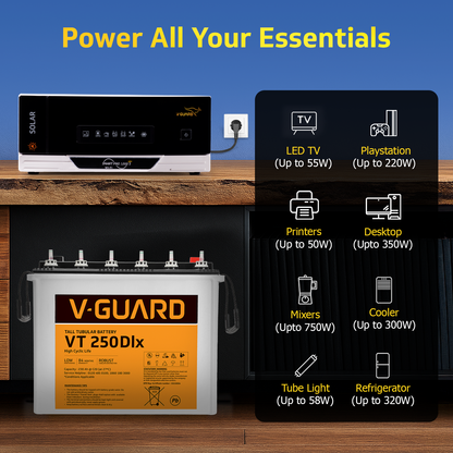V-Guard Inverter & Battery Combo (Smart Pro 1200 S Inverter with VT 250 Dlx (230 Ah Tall Tubular Battery)) for Home, Office & Shops