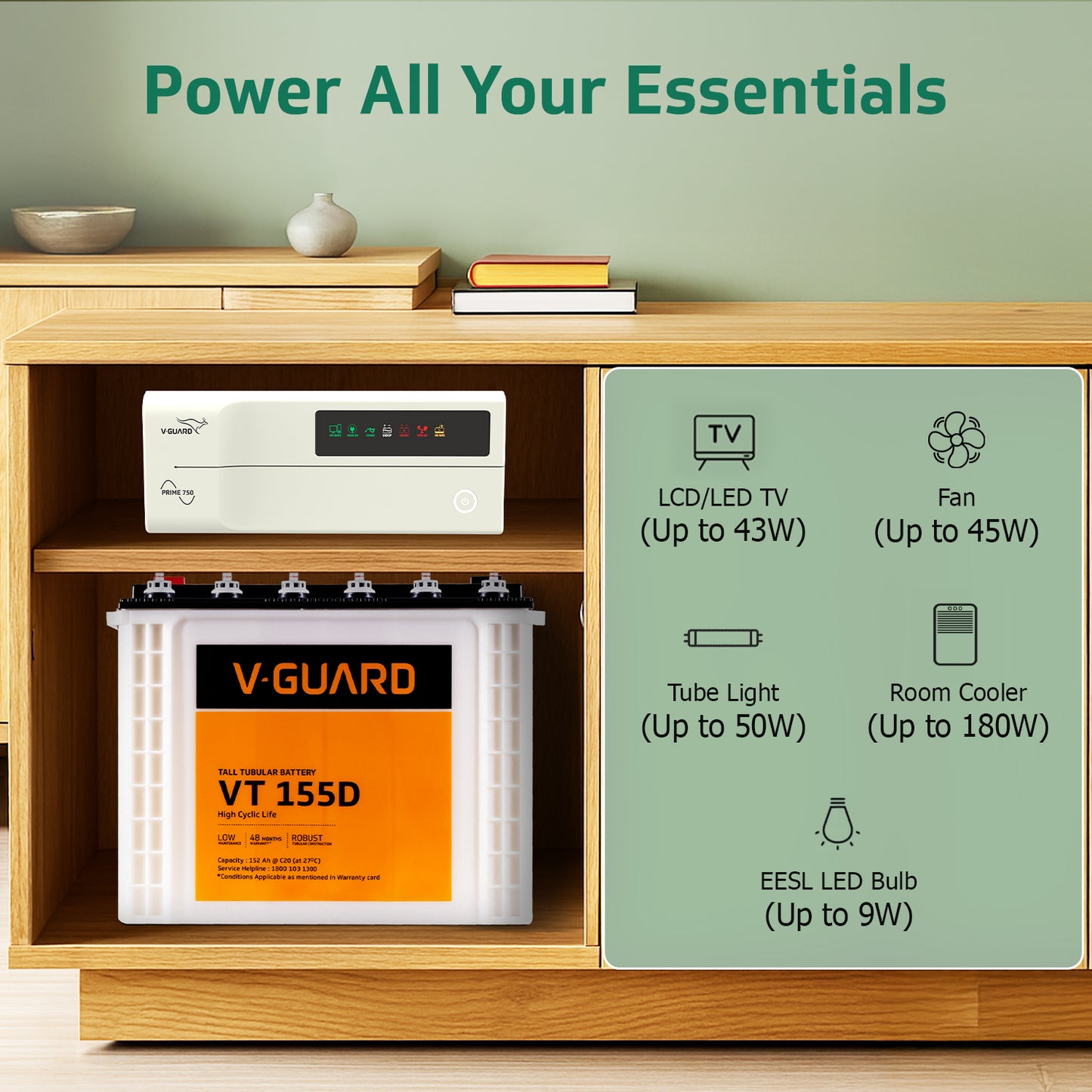 PRIME 750 Inverter + VT 155D Battery Combo for Home, Office & Shops