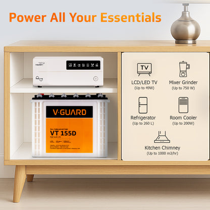 Prime 1150 Pure Sine Wave Inverter + VT 155D Battery Combo for Home, Office & Shops