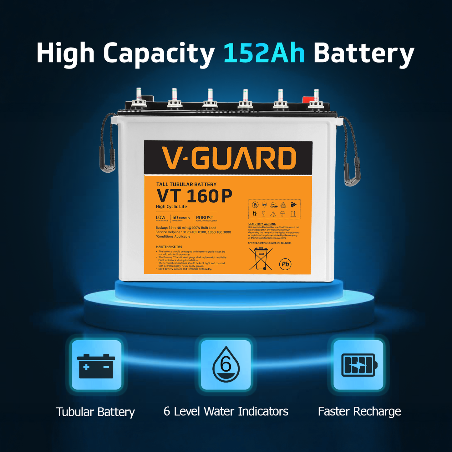V-Guard Inverter & Battery Combo (Aviolux 1100 Inverter with VT 160P (152 Ah Tall Tubular Battery)) for Home, Office & Shops