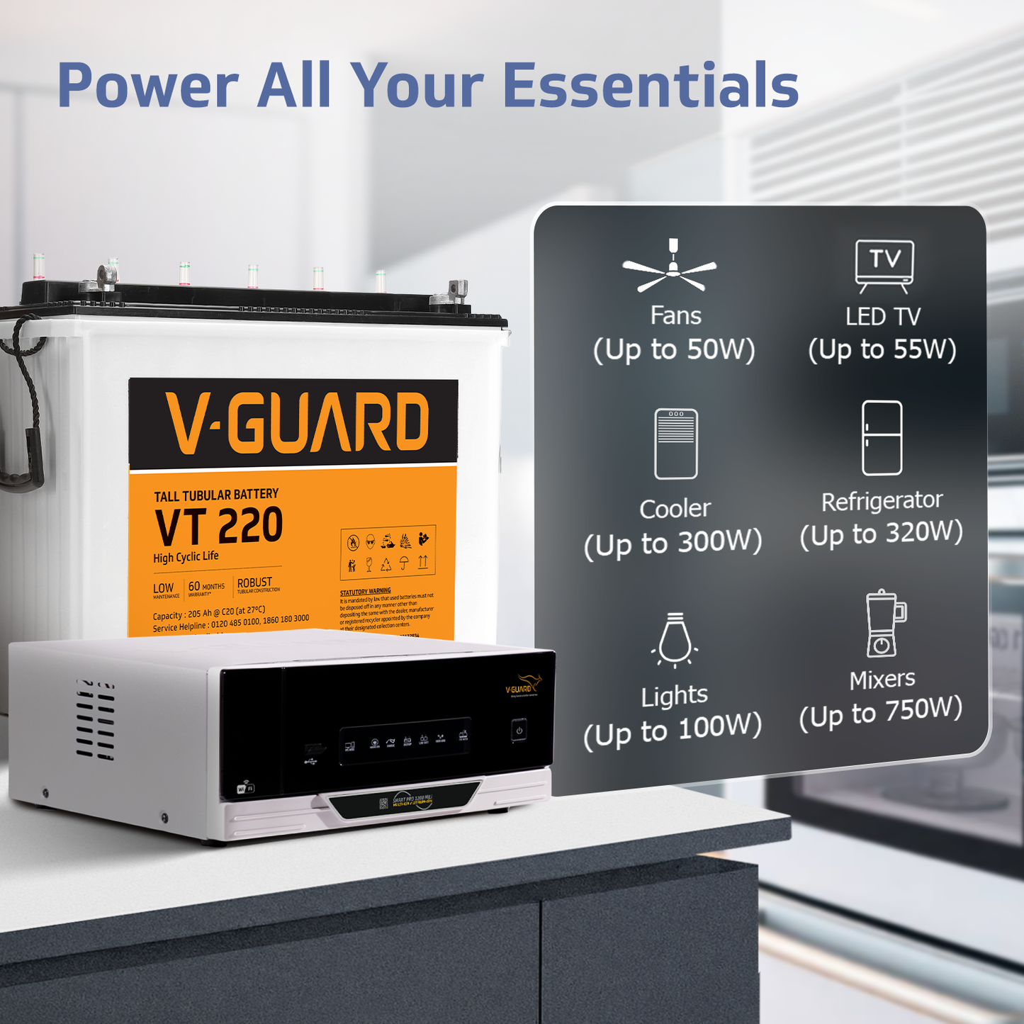 V-Guard Smart Inverter & Battery Combo (Smart Pro 1200 MiLi Digital Sine Inverter with VT 220 (205 Ah Tall Tubular Battery)) for Home, Office & Shops