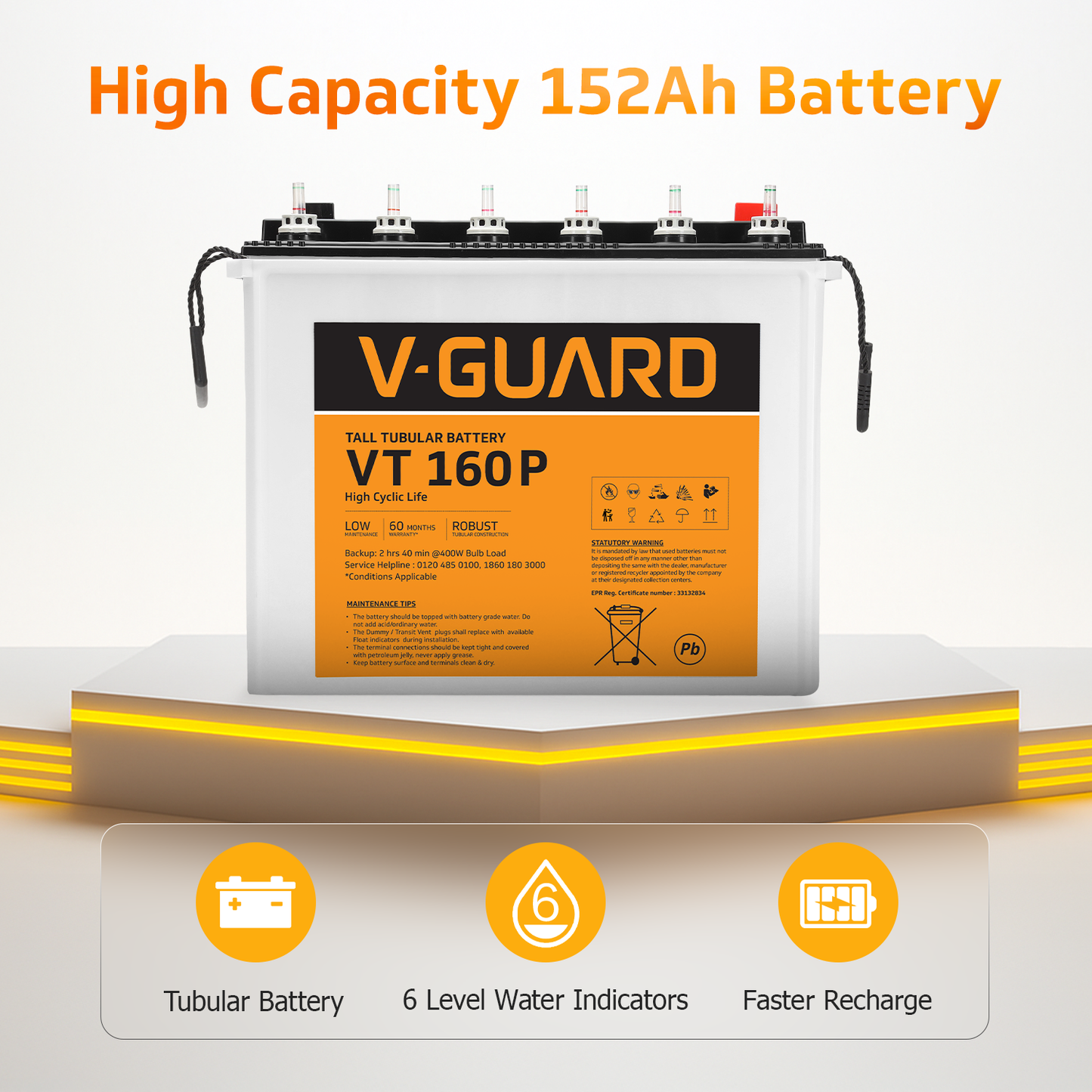 V-Guard Inverter & Battery Combo - Prime 1150 MiLi  Pure Sine Wave 1000VA/ 12V Inverter, VT 160 P (152Ah Tall Tubular Battery) for Home, Office & Shops