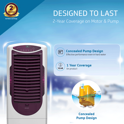 Arido T50 H DG Air Cooler for Home | Remote Comfort |50 Litre | 2 Year Warranty on Motor & Pump | White & Purple Burry