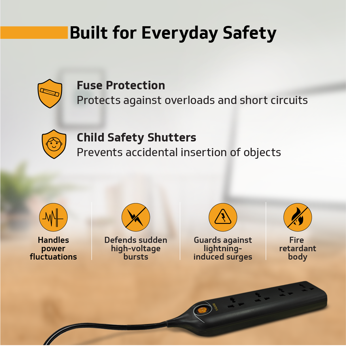 V-Guard Extension Board for Home & Office | 4+1 Power Strip with (Fuse) | 4 Universal Sockets | 1 Year Warranty | 5m Cord | 6A 1500VA Load | Fuse Protection | Wall Mountable | Master Switch