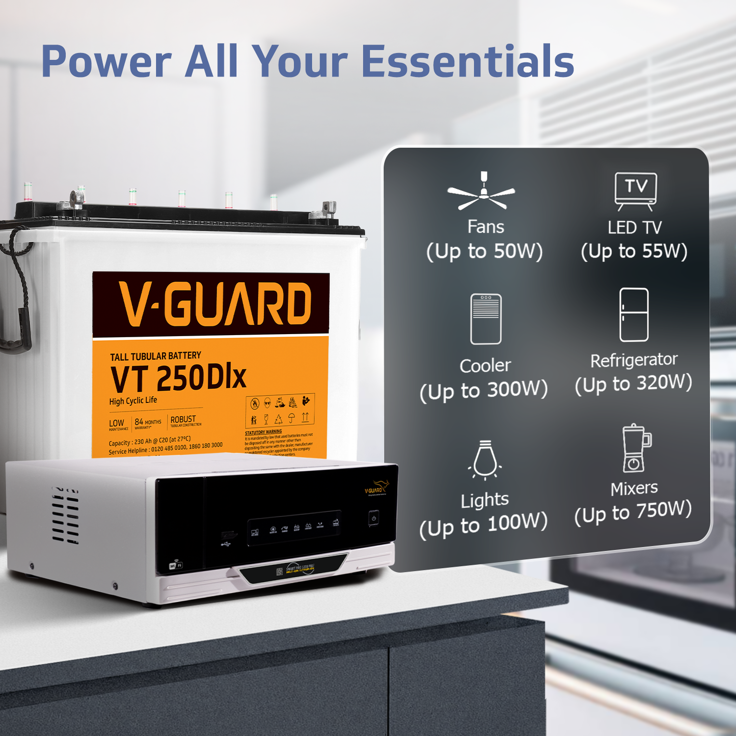 V-Guard Smart Inverter & Battery Combo (Smart Pro 1200 MiLi Digital Sine Inverter with VT 250 Dlx (230 Ah Tall Tubular Battery)) for Home, Office & Shops