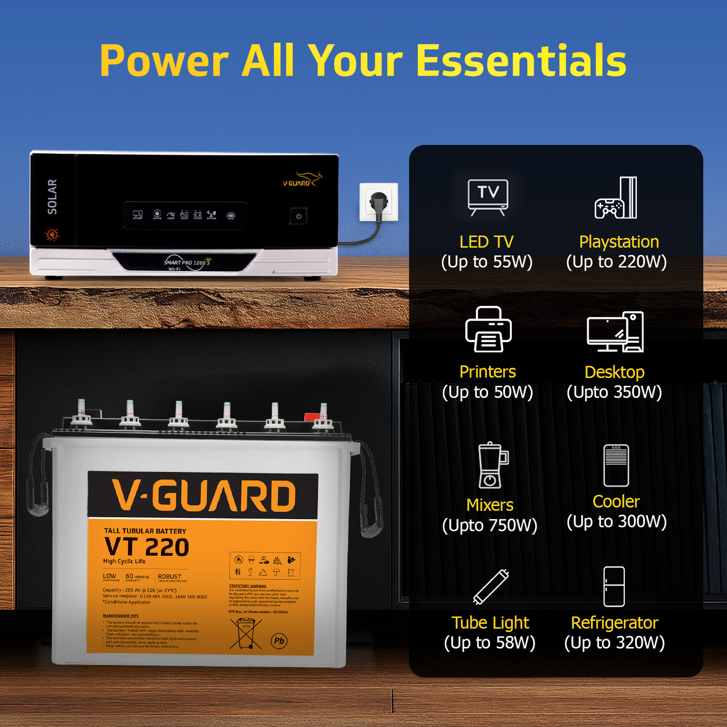 V-Guard Smart Inverter & Battery Combo (Smart Pro 1200 S Solar Inverter with VT 220 (205Ah Tall Tubular Battery)) for Home, Office & Shops