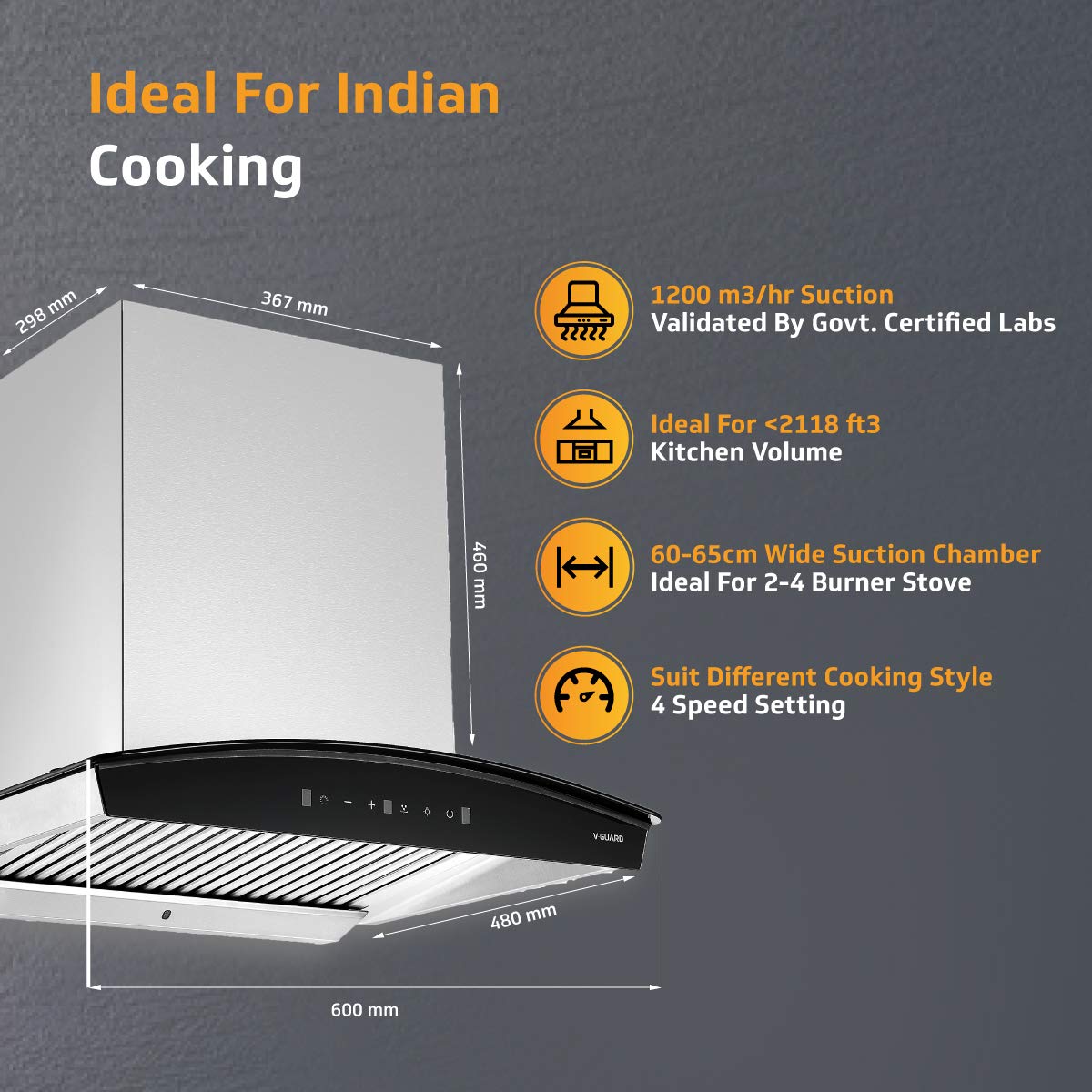 A10 60cm Kitchen Chimney 1400 cmh Suction with Baffle Filter (Auto Clean, Motion Sensor)