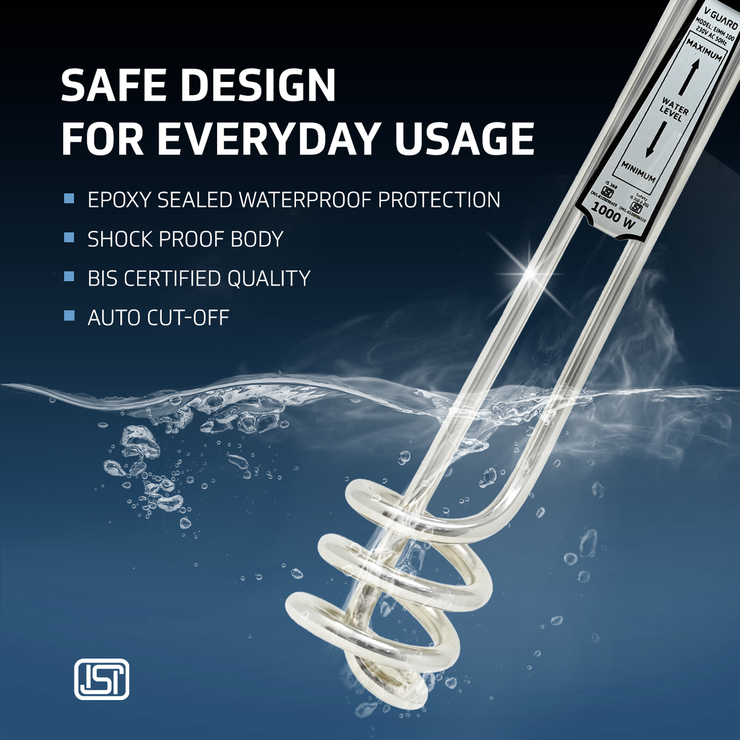 V-Guard Immersion Water Heater Rod for Bucket Heating | 1000 W | Fast Heating with Shock Protection | SS304L Heating Tube | Nickel Plated | BIS Certified | 2 Year Warranty