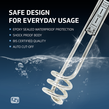 V-Guard Immersion Water Heater Rod for Bucket Heating | 1000 W | Fast Heating with Shock Protection | SS304L Heating Tube | Nickel Plated | BIS Certified | 2 Year Warranty