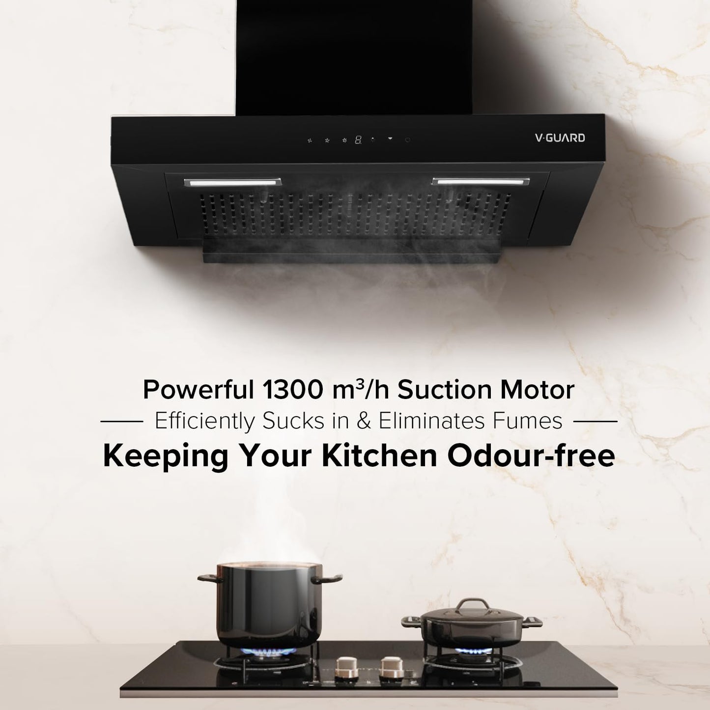 V-Guard T10 Filterless Kitchen Chimney | 60 cm| 1300 m³/h High Suction Capacity | One-Touch Heat Auto Clean | Touch Panel with Gesture Control | 1-Year Comprehensive & 5-Year Motor Coverage