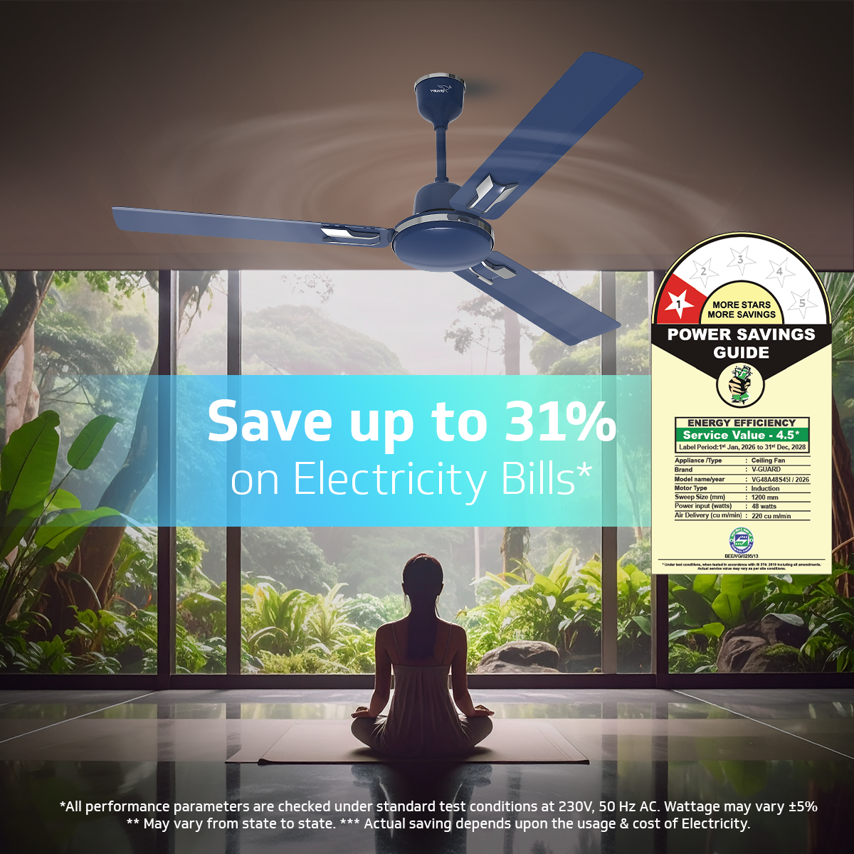 V-Guard Pace Art Bz Ceiling Fan for Home with Decorative Trims 1.2 M, Royal Blue