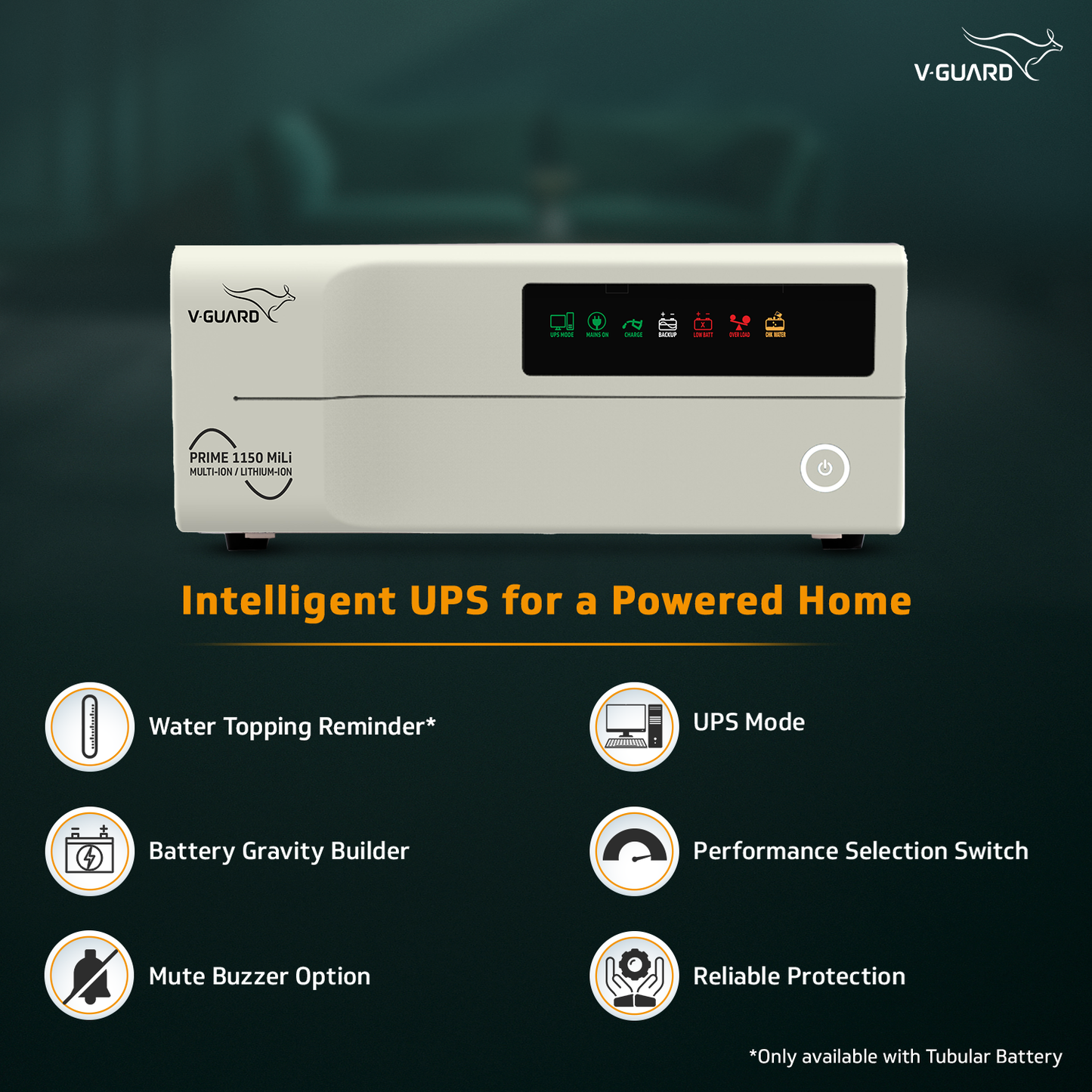 V-Guard Prime 1150 MiLi  Inverter for Home, Office & Shop | 1000VA / 12V Pure Sine Wave | Reliable Power Backup | LED Display | Easy Installation | 3-Year Warranty