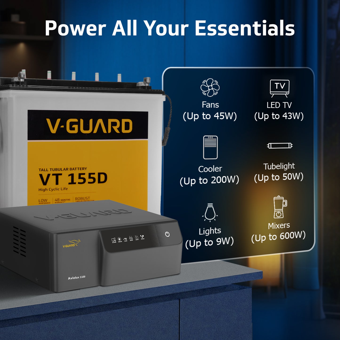 Aviolux 1100 Square Wave Inverter + VT 155D Battery Combo for Home, Office & Shops