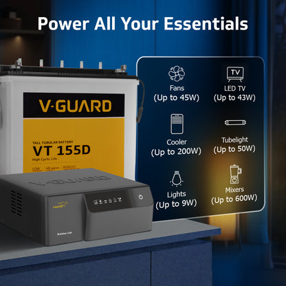Aviolux 1100 Square Wave Inverter + VT 155D Battery Combo for Home, Office & Shops