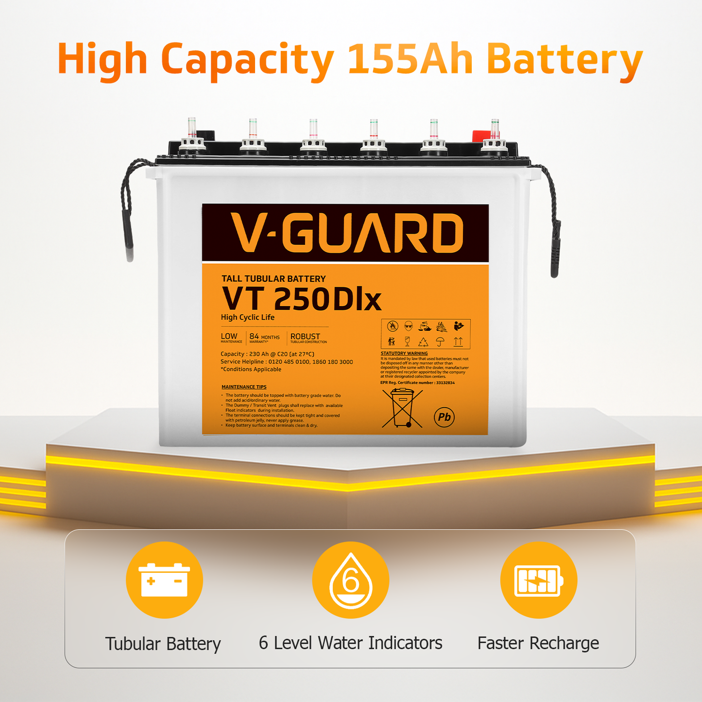 V-Guard Inverter & Battery Combo - Prime 1150 MiLi  Pure Sine Wave 1000VA/ 12V Inverter, VT 250DLX (230Ah Tall Tubular Battery) for Home, Office & Shops