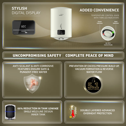 V-Guard Divino DG Geyser 15 Litre Water Heater with Digital Display | Suitable for Hard Water | High Energy Efficiency | Advanced 4 layered Safety | 5 Year Inner Tank Warranty by V-Guard