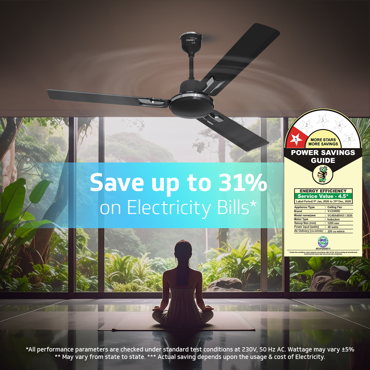 V-Guard Pace Art Bz Ceiling Fan for Home with Decorative Trims 1.2 M, Midnight Black