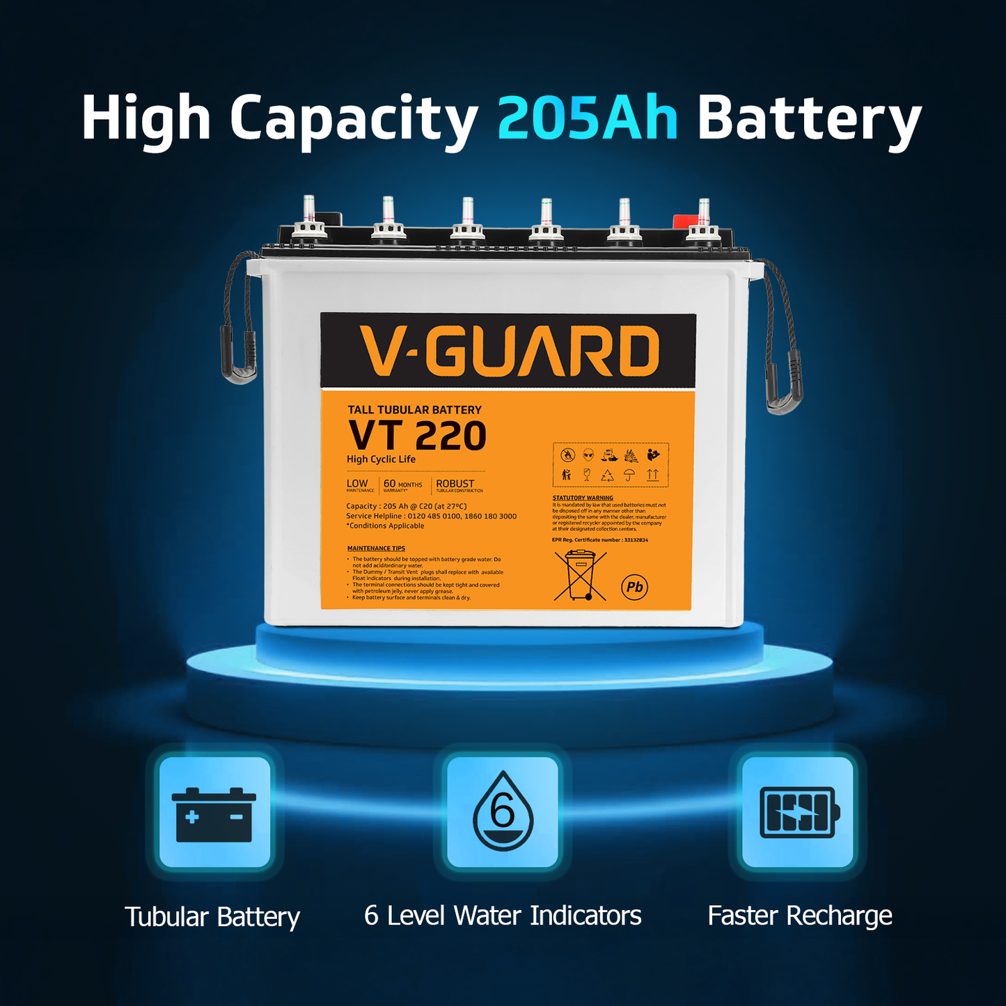 V-Guard Inverter & Battery Combo (Aviolux 1100 Inverter with VT 220 (205 Ah Tall Tubular Battery)) for Home, Office & Shops