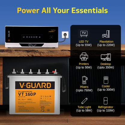 V-Guard Smart Inverter & Battery Combo (Smart Pro 1200 S Solar Inverter with VT 160 P (152Ah Tall Tubular Battery)) for Home, Office & Shops