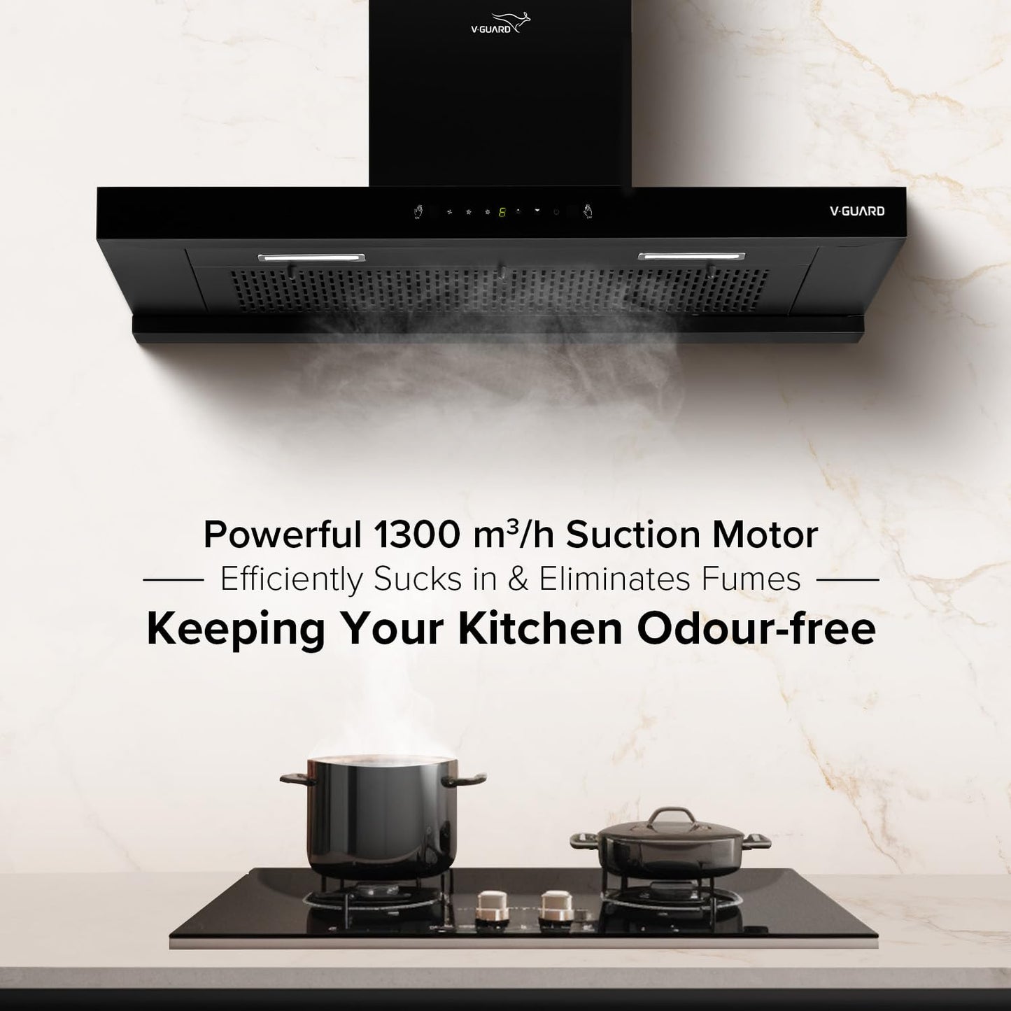 V-Guard T20 90cm Kitchen Chimney | 1300 m³/h Suction Capacity | Intelligent Auto Clean | Filterless | Motion with Touch Control | Wall mounted chimney with Elegant T-Shape Glass Design