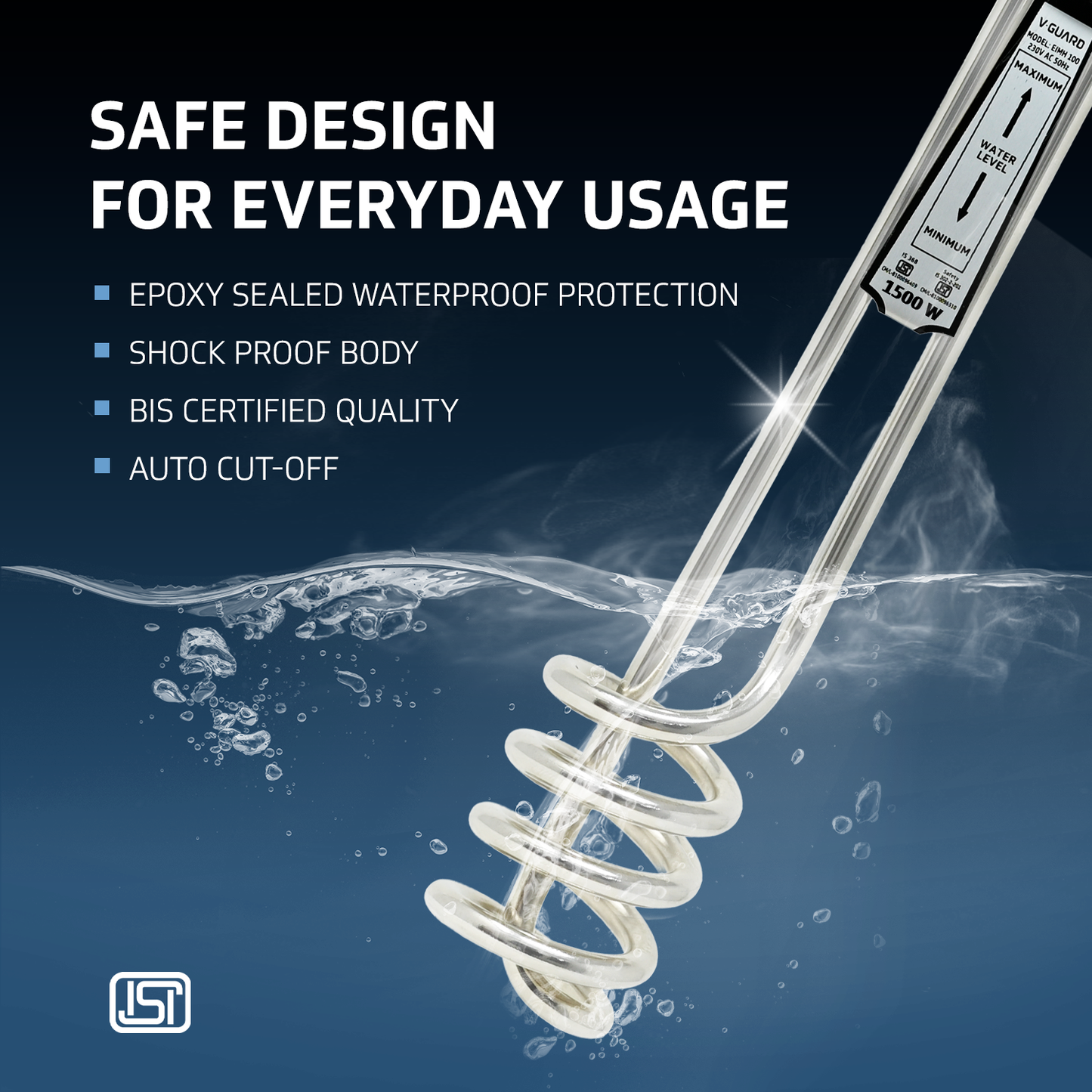 V-Guard Immersion Water Heater Rod for Bucket Heating | 1500 W | Fast Heating with Shock Protection | SS304L Heating Tube | Nickel Plated | BIS Certified | 2 Year Warranty
