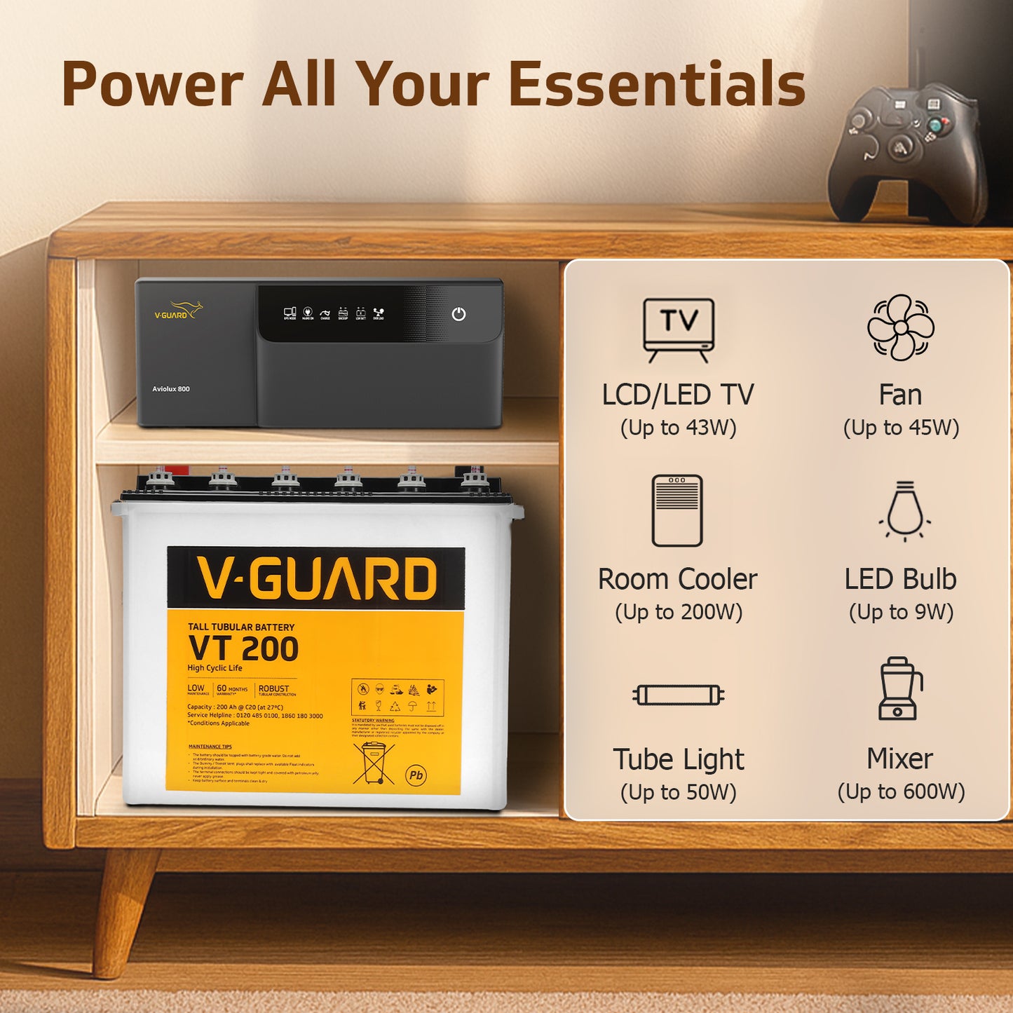 Aviolux 800 Square Wave Inverter + VT 200 Battery Combo for Home, Office & Shops