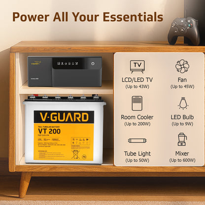 Aviolux 800 Square Wave Inverter + VT 200 Battery Combo for Home, Office & Shops