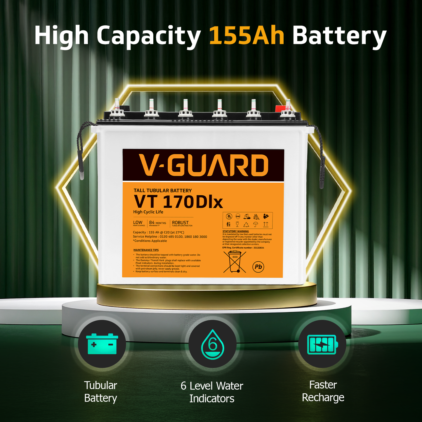 V-Guard Inverter & Battery Combo - 750 Pure Sine Wave 650VA/ 12V Inverter, VT 170 DLX (155Ah Tall Tubular Battery) for Home, Office & Shops