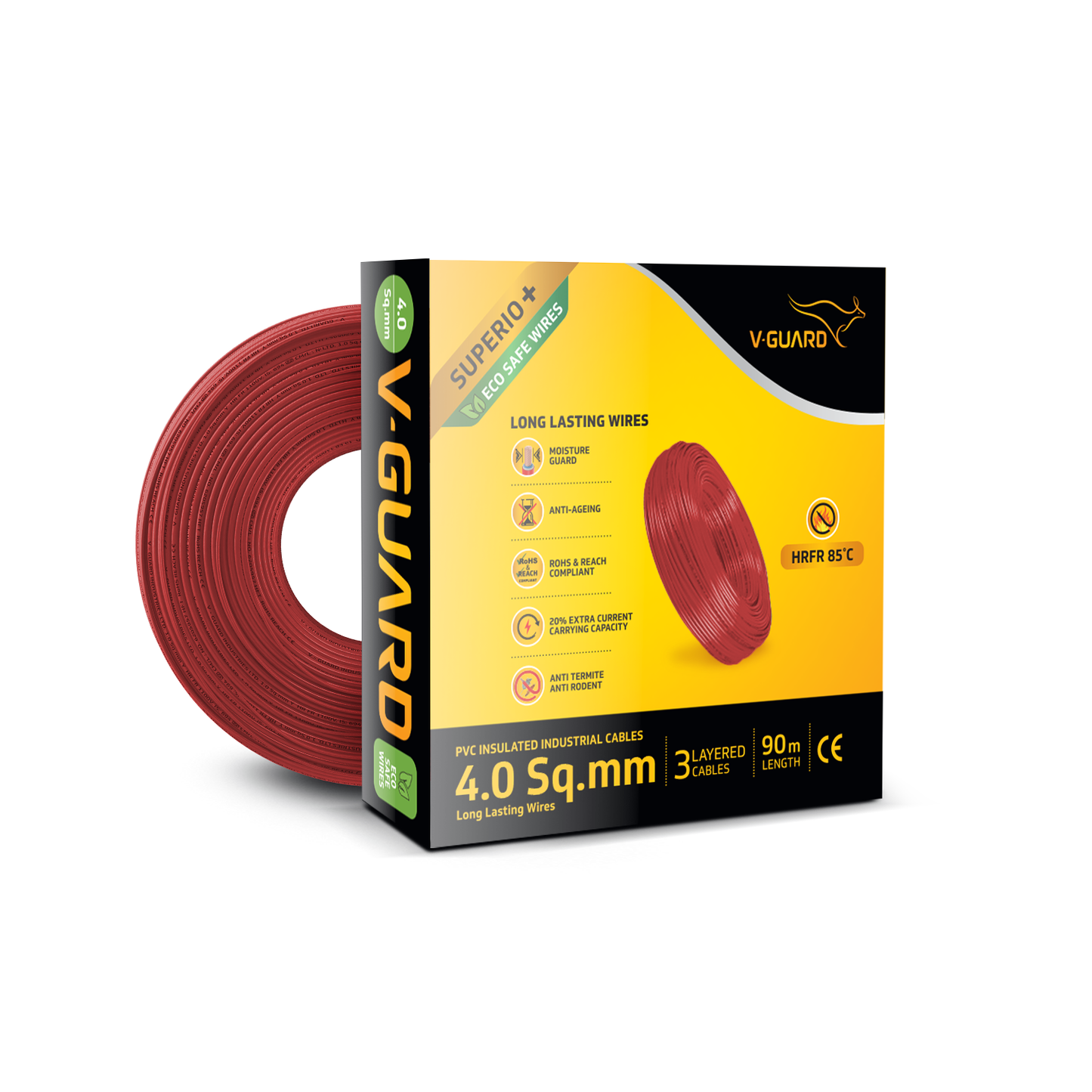 V-Guard Superio+ 4 sq mm Eco Safe Triple Layer HRFR PVC Wiring Cable, 90 m (Red)