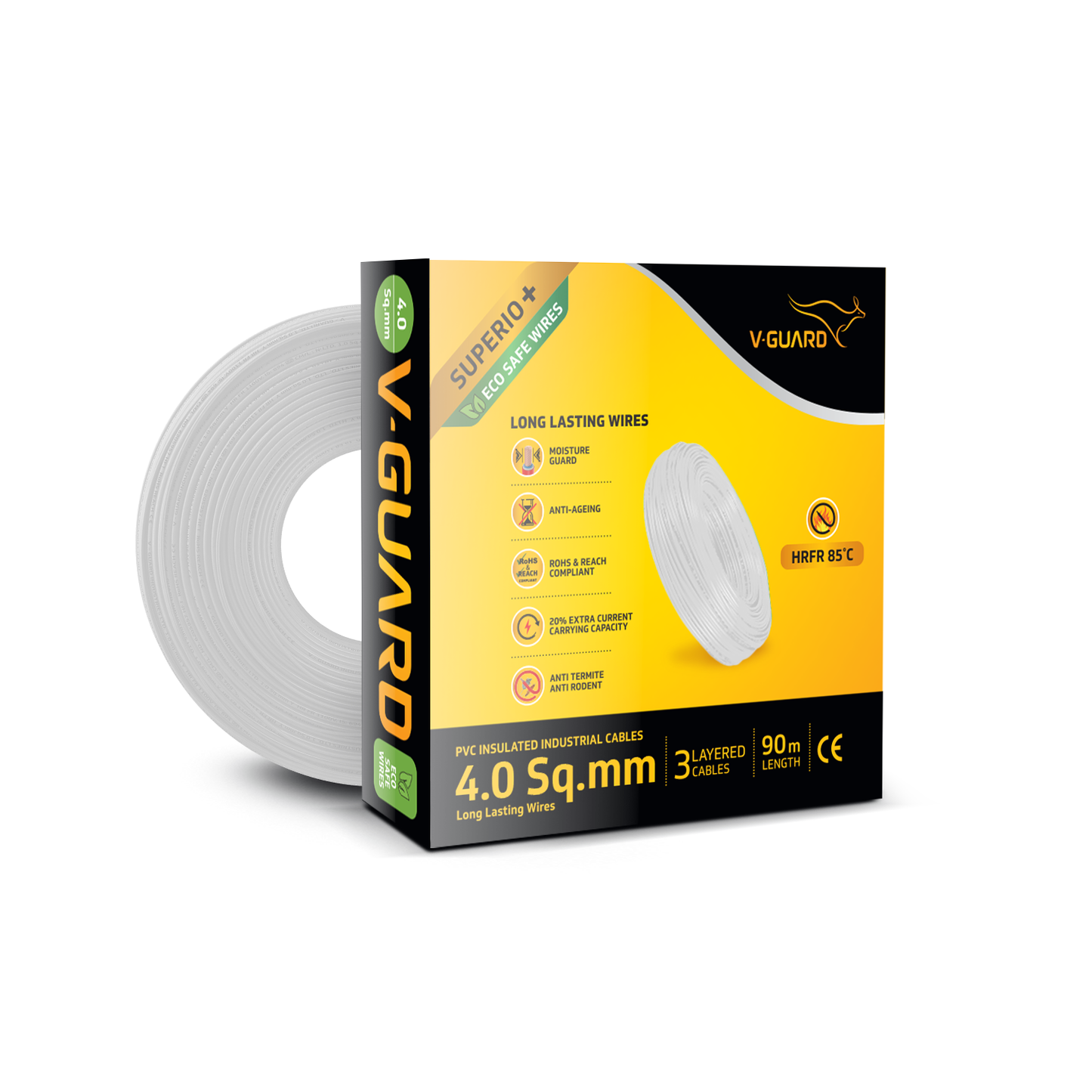 V-Guard Superio+ 4 sq mm Eco Safe Triple Layer HRFR PVC Wiring Cable, 90 m (White)