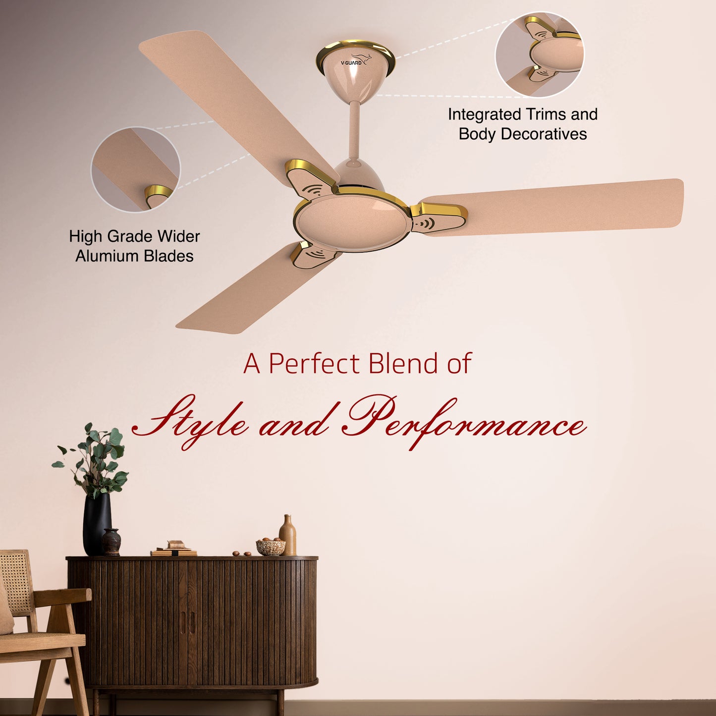 Besa Air Ceiling Fan For Home, High-Speed Copper Motor, Decorative Trims, 1.2 m, Rose Glow