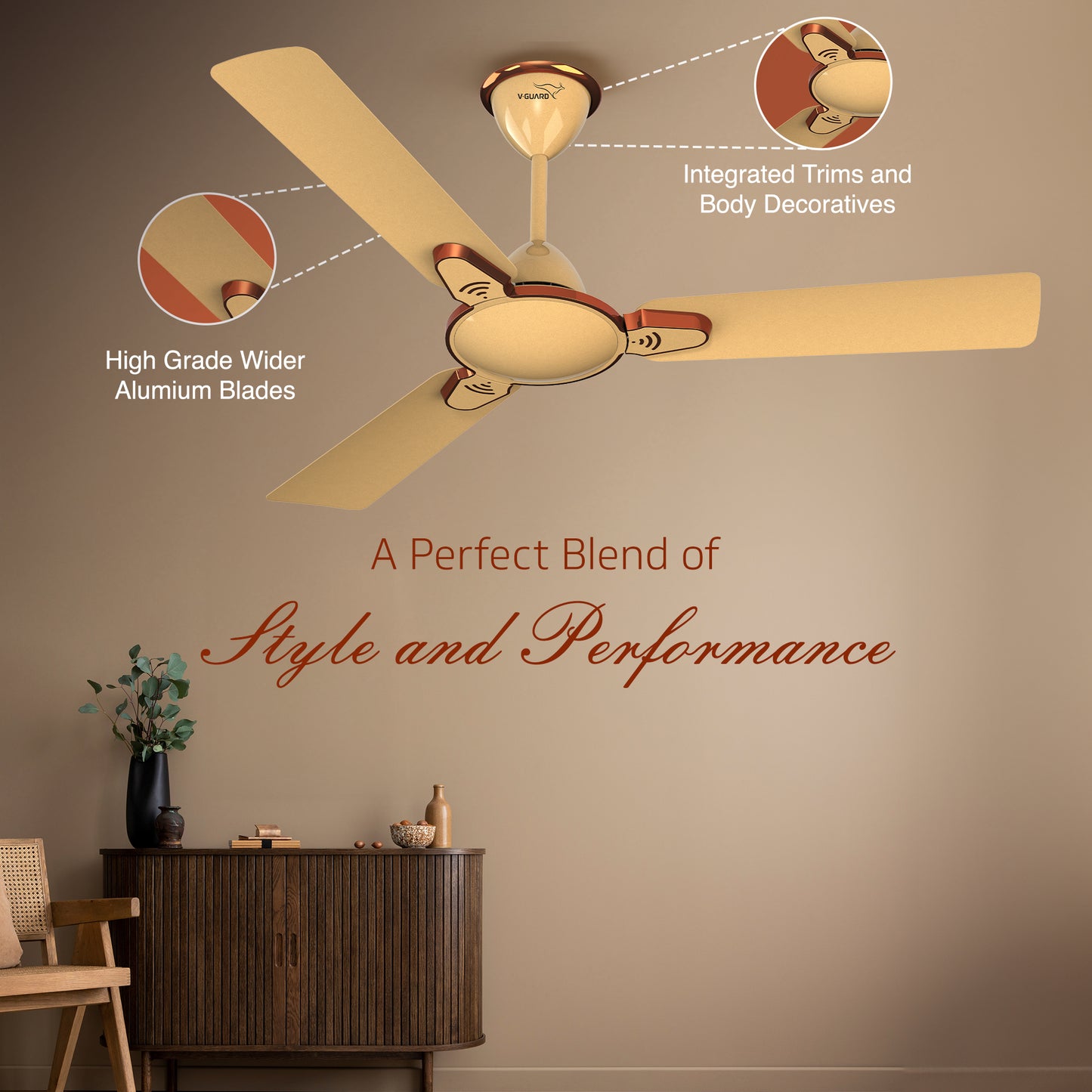 Besa Air Ceiling Fan For Home, High-Speed Copper Motor, Decorative Trims, 1.2 m, Imperial Gold