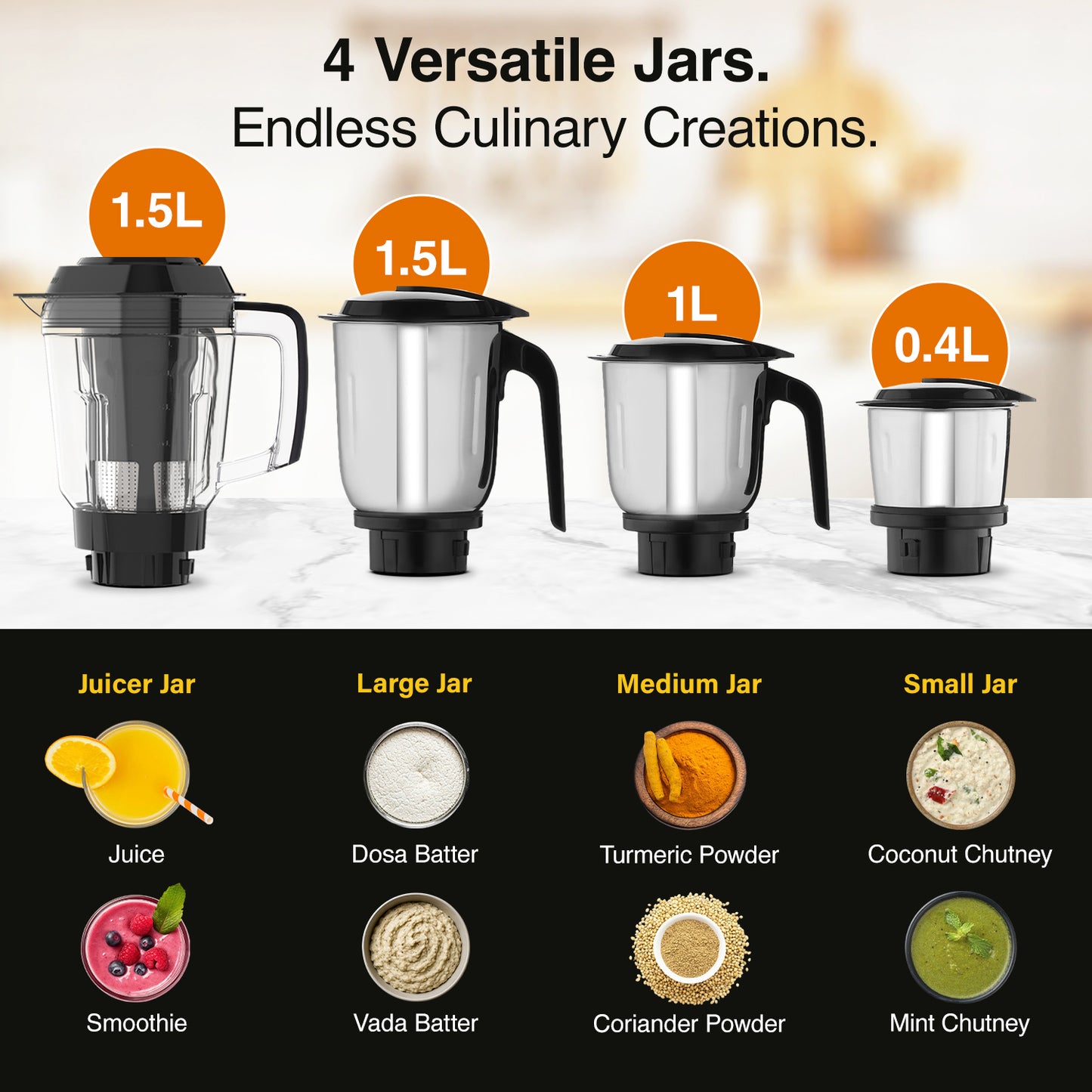 V-Guard Precia NX 750 W Juicer Mixer Grinder | 3-Year Motor Coverage | 4 Versatile Jars | Juicer, Large, Medium & Small | Compact ABS Body | SS Rust-Resistant Blades