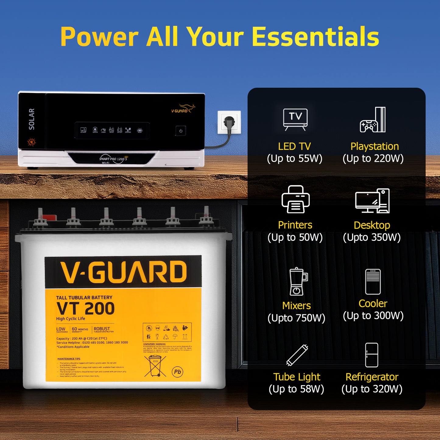 Smart Pro 1200 s Solar Inverter + VT 200 Battery Combo for Home, Office & Shops