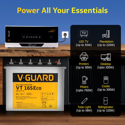 Smart Pro 1200 S Solar Inverter + VT 165 Eco Battery Combo for Home, Office & Shops