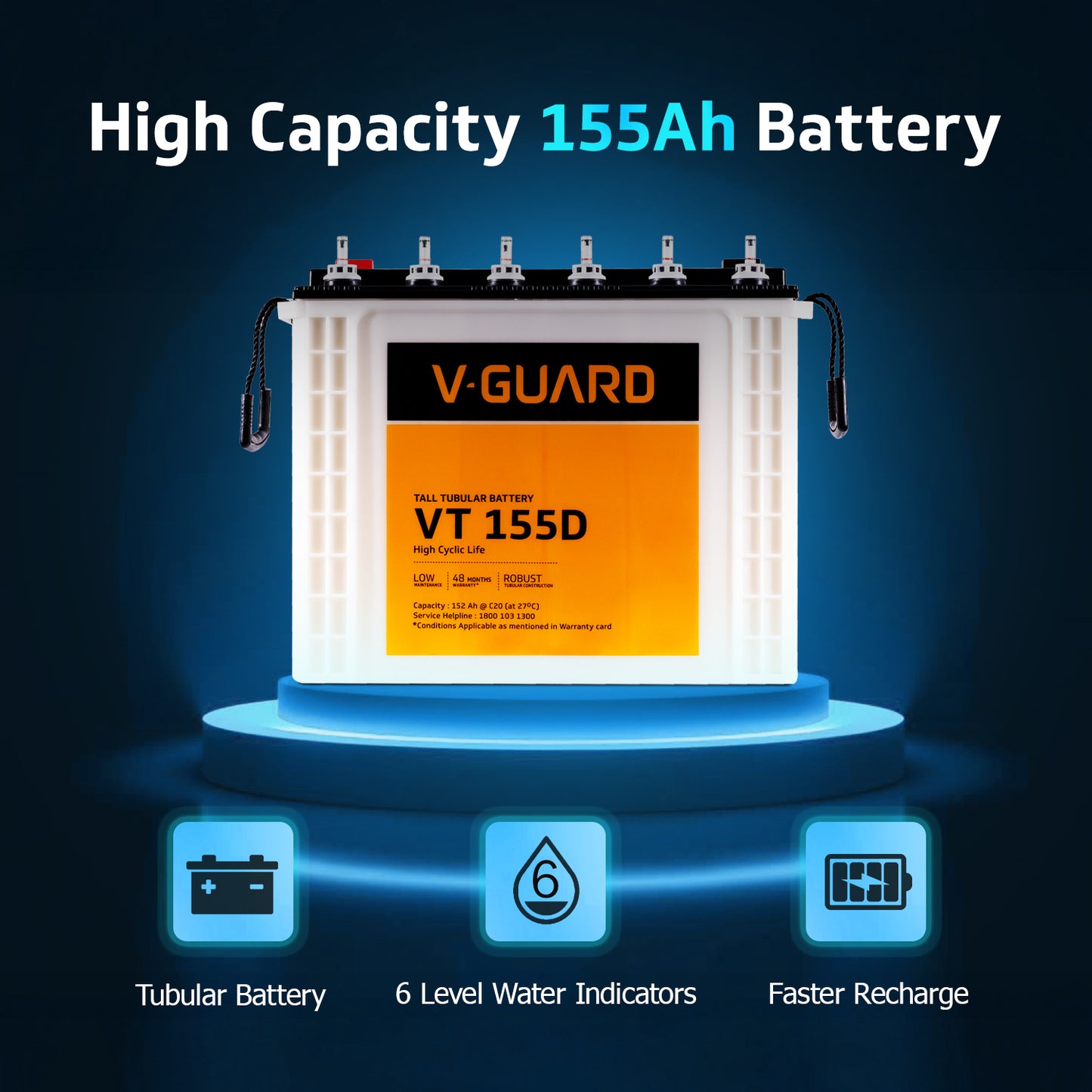 Aviolux 1100 Square Wave Inverter + VT 155D Battery Combo for Home, Office & Shops