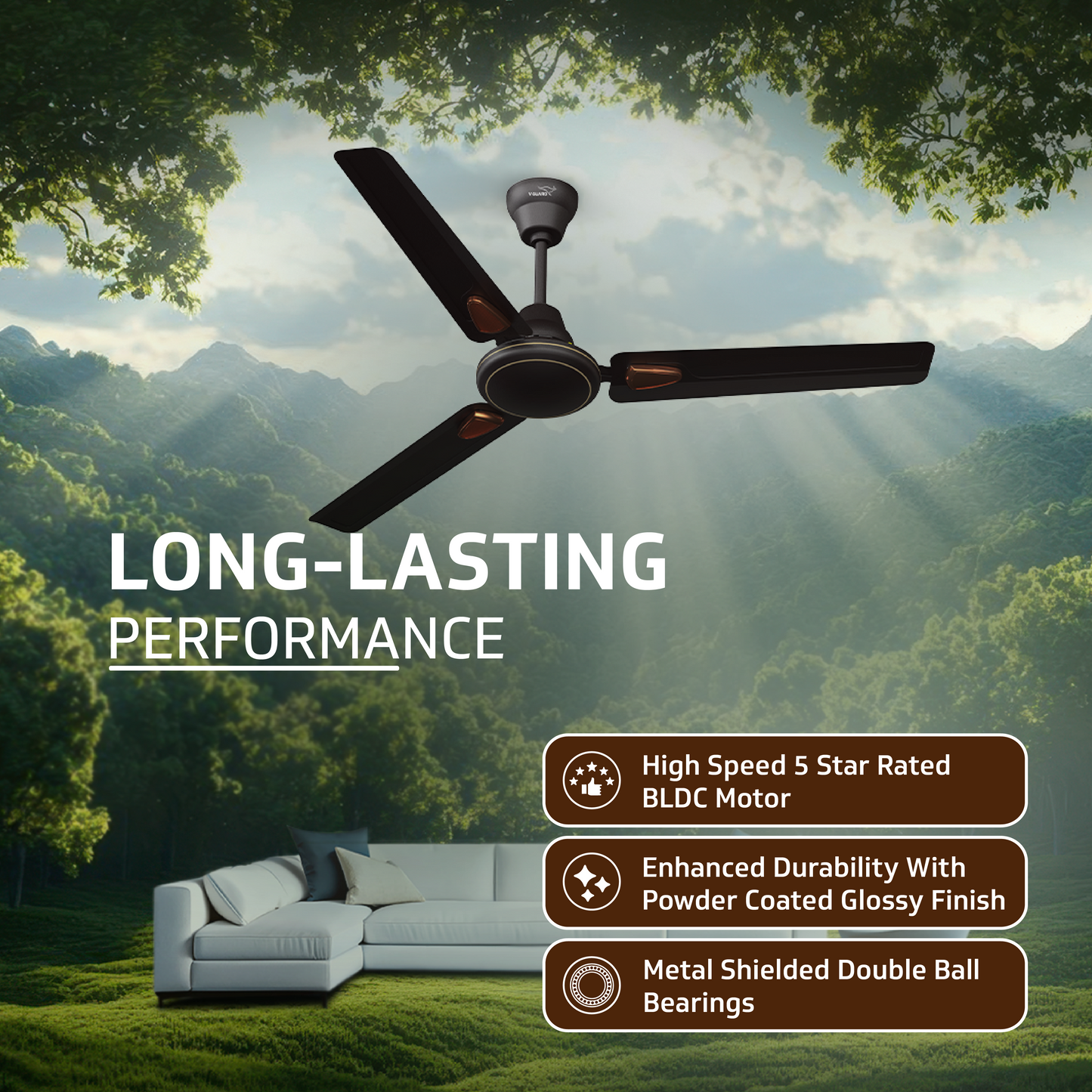 V-Guard Windle Deco BLDC Ceiling Fan 1200 mm | 5 Star BEE Rated | 34W Energy-Saving BLDC Motor | Remote Control with 4 Wind Modes & Timer | High Air Delivery | 2 Year Warranty | Matte Brown