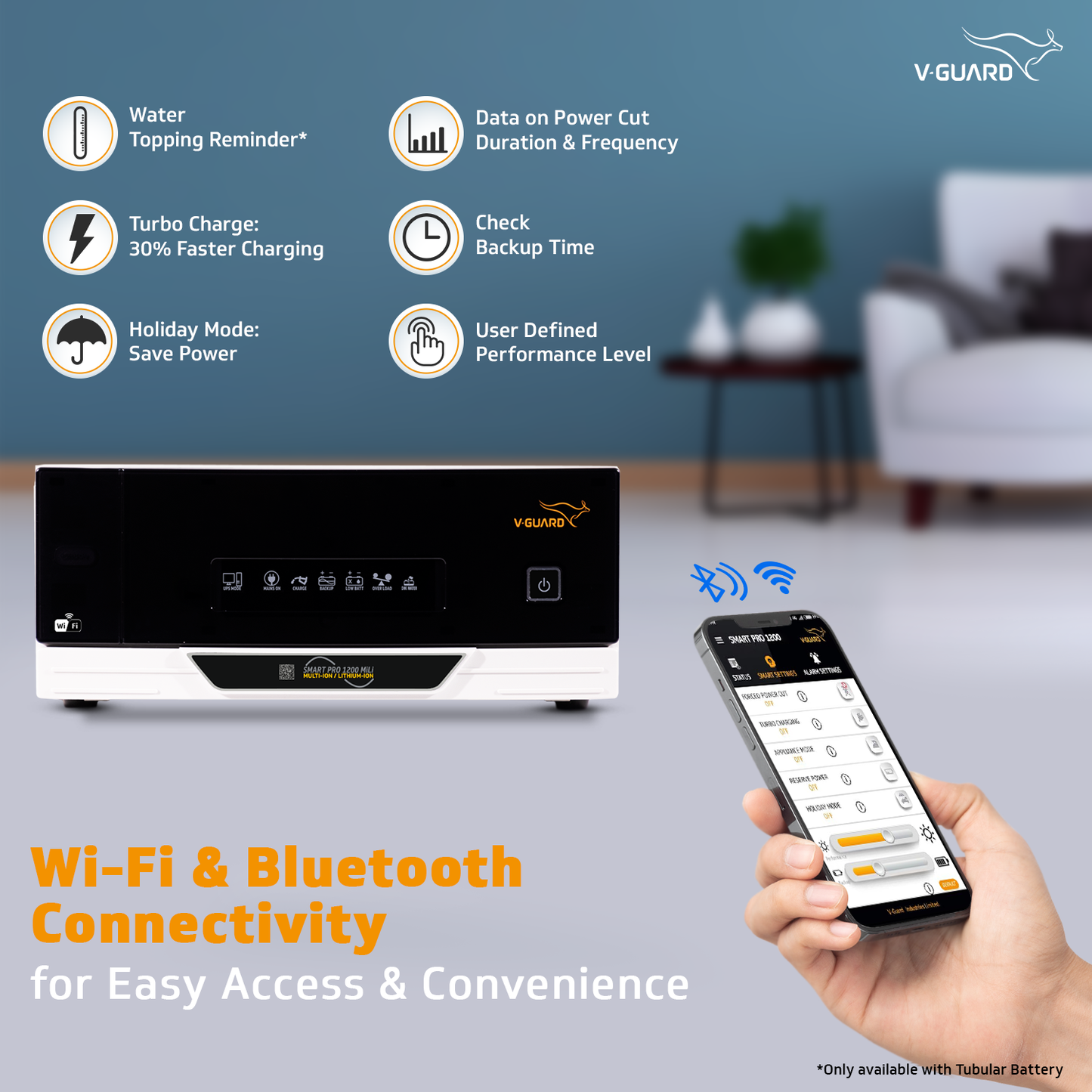V-Guard Smart Pro 1200 MiLi (Multi ion Lithium ion Compatible) Inverter | 1000VA / 12V Pure Sine Wave | Smart IoT with Mobile App Control | LED Display | Easy Installation | Reliable Power Backup | 3-Year Warranty