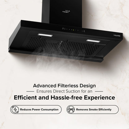 V-Guard T20 90cm Kitchen Chimney | 1300 m³/h Suction Capacity | Intelligent Auto Clean | Filterless | Motion with Touch Control | Wall mounted chimney with Elegant T-Shape Glass Design