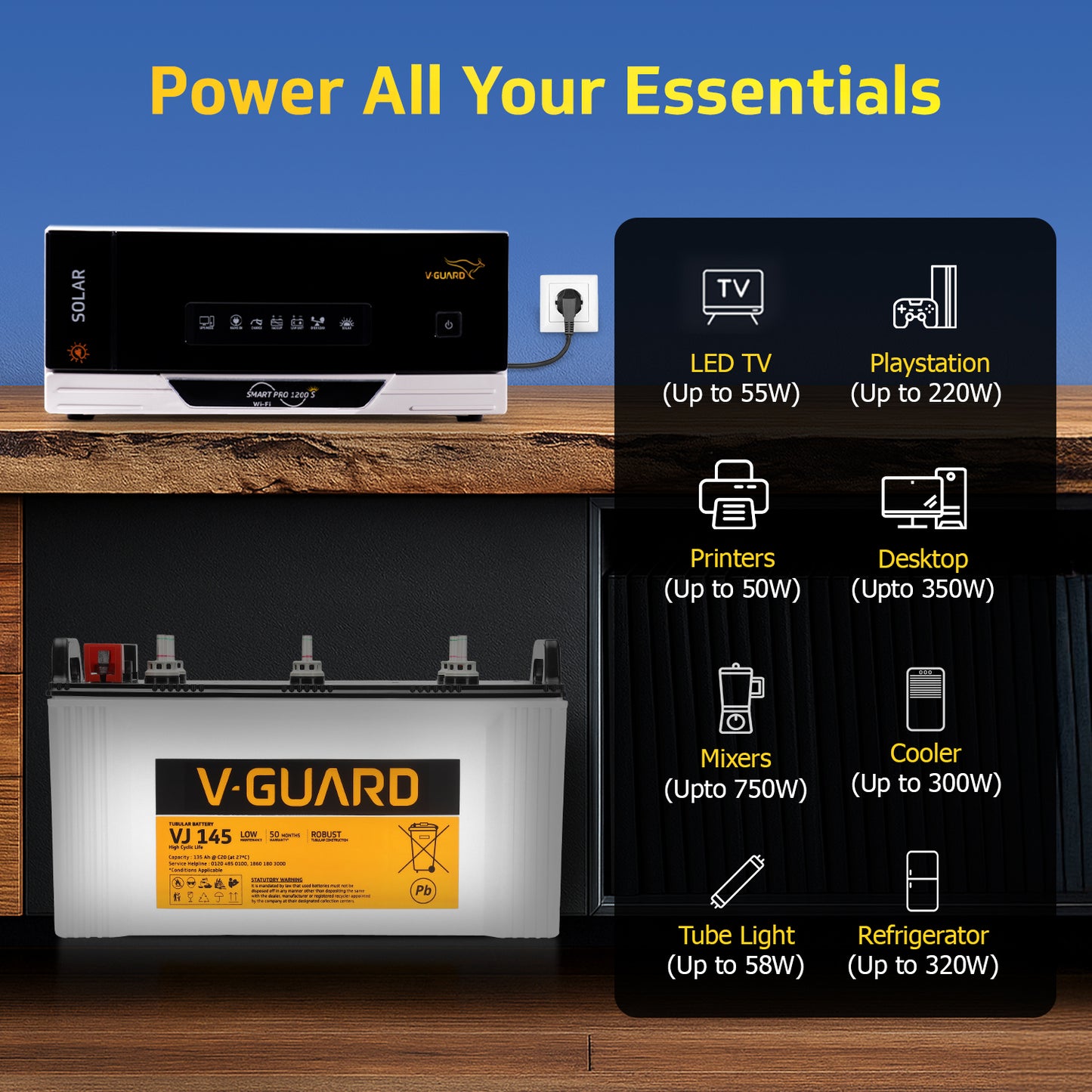 Smart Pro 1200 S Solar Inverter + VJ 145 Battery Combo for Home, Office & Shops