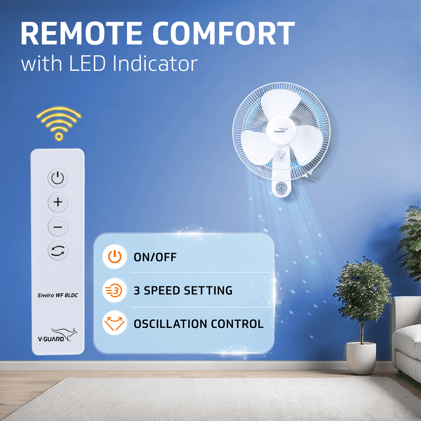 Enviro 400mm BLDC Wall Fan with Remote | 32W Energy-Efficient | 3 Speed Settings | 2-Year Warranty (White)