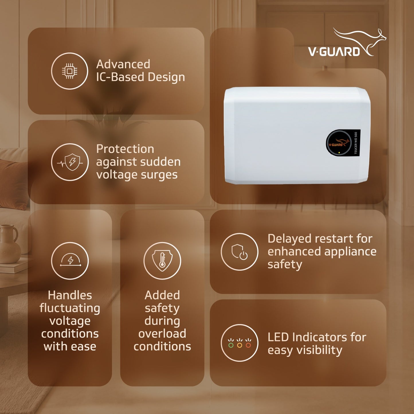 V-Guard Teucer WD 500 Stabilizer for High-Power Appliance Protection | LED Indicators | Suitable for Washing Machine, Microwave Oven, Dishwasher & Treadmill | 1 Year Warranty | White